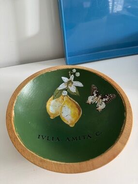Green Decorative Wood Bowl with Lemon Motif